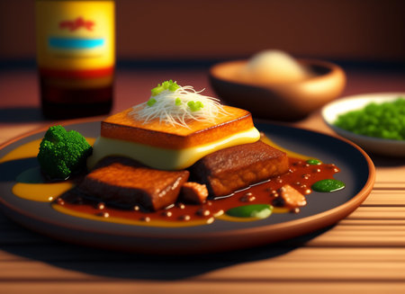 Beef tataki with soy sauce on plate. 3d renderingの素材