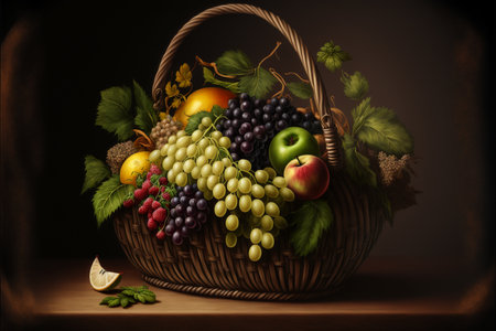 Still life with a basket full of fresh fruits and vegetables on a wooden tableの素材