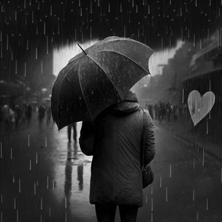 Man with umbrella and heart in rain. Black and white photo.の素材