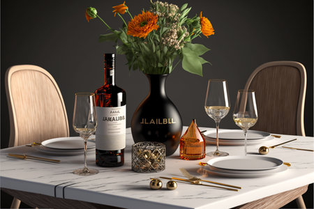 Luxury table setting with wine bottles and flowers. 3d renderingの素材