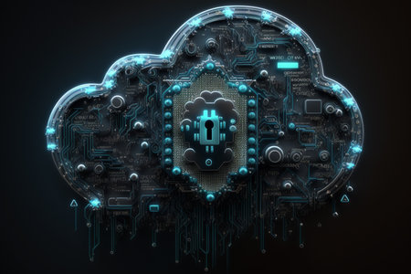 Cloud computing security concept. Cloud with lock icon on dark background 3D renderingの素材