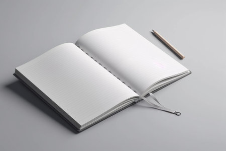 Blank notebook with pen on gray background. 3d illustration.の素材