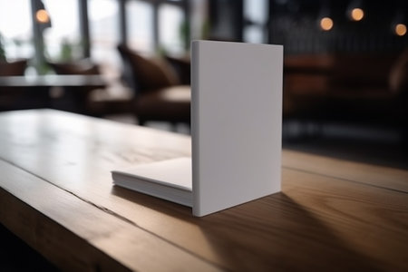 Blank book mockup on wooden table in cafe. 3d renderingの素材