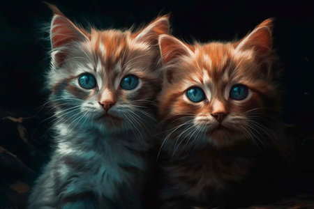 Two kittens with blue eyes on a black background. Digital painting.の素材