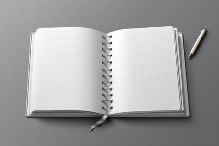 Blank open notebook with pencil on gray background. 3d illustrationの素材