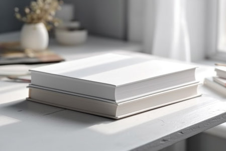 Blank book on white table in room, mockup for designの素材