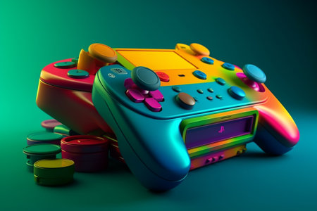 Gamepad with colorful buttons on green background. 3d illustration.の素材