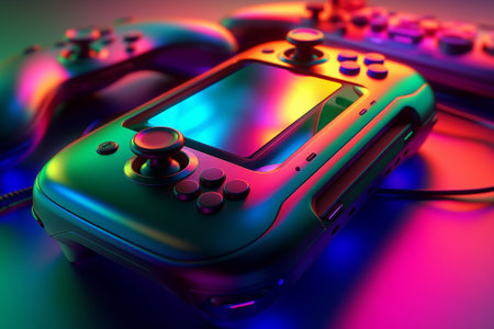 Gamepad on a colorful background. 3D rendering. Computer digital drawing.の素材
