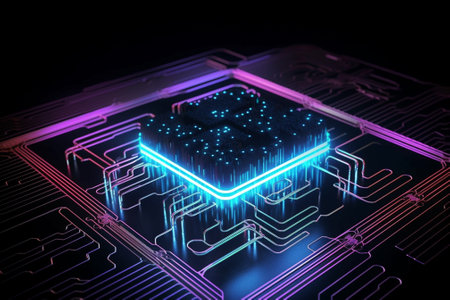 Circuit board with glowing neon lights on dark background. 3D renderingの素材