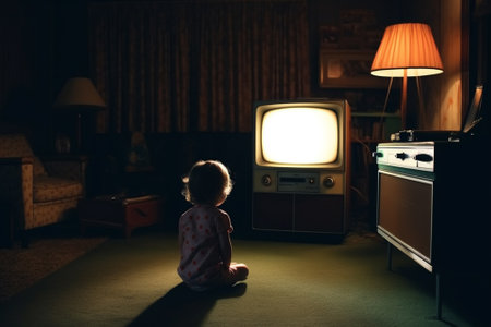 Little girl sitting on the floor in front of the television at nightの素材