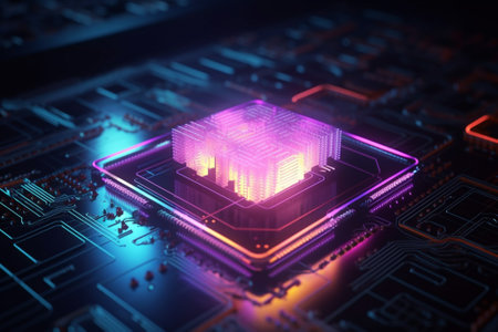 Close up of electronic circuit board with glowing cubes. 3D Renderingの素材