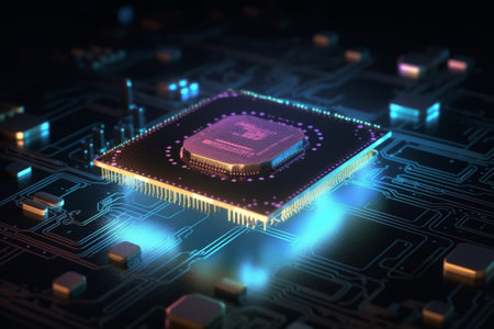 3d rendering cpu chip on circuit board background. Computer technology conceptの素材