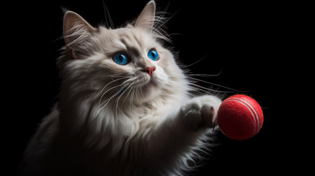 White cat with blue eyes and a red ball on a black backgroundの素材