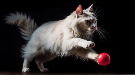 White long-haired cat playing with red ball on a black backgroundの素材