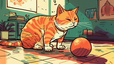 Illustration of a cat playing with a ball in the living roomの素材
