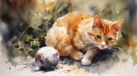 Cute ginger cat playing with a ball in the garden. Watercolor paintingの素材
