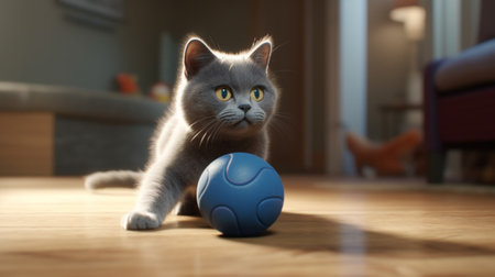 Cute british shorthair cat playing with a ball at homeの素材
