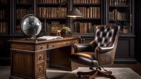 Luxury library interior with bookshelf and leather armchairの素材