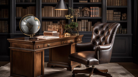 Luxury library interior with leather armchair and bookshelf.の素材