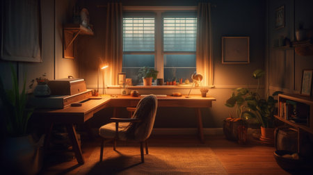Interior of a modern home office at night. Night light.の素材