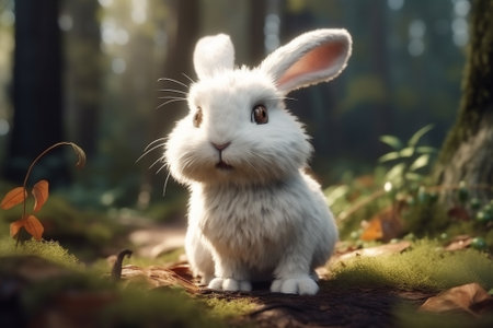 Cute white rabbit sitting on the ground in the forest at sunsetの素材