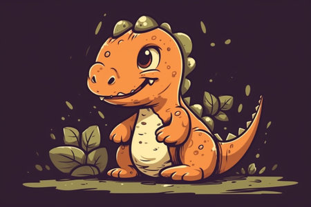 Cute cartoon dinosaur sitting on the ground. Vector illustration in a flat style.の素材