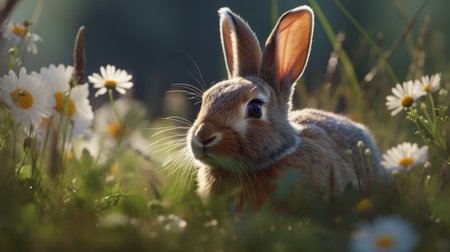 Rabbit in a meadow with daisies and wild flowersの素材