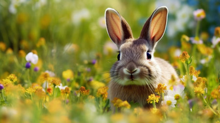 Cute little bunny in the meadow with flowers. Spring nature background.の素材
