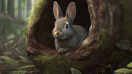 Rabbit in a hole in a tree. 3D rendering.の素材