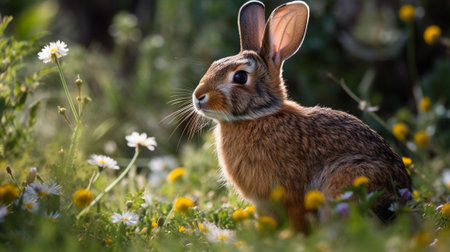 Cute brown hare sitting in the grass with daisiesの素材