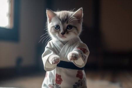 Cute little white kitten with blue eyes in a kimonoの素材