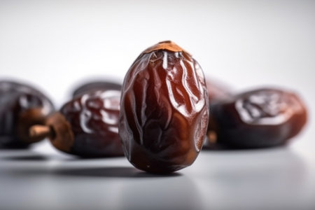 Dates on a white background. Close-up. Selective focus.の素材
