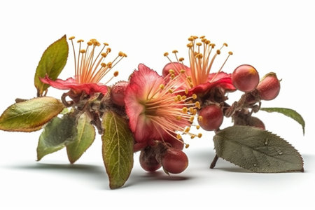 Red flowers of Japanese quince (Prunus serrulata) isolated on white backgroundの素材