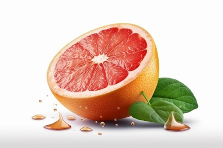 Grapefruit with leaves and drops of juice isolated on white backgroundの素材