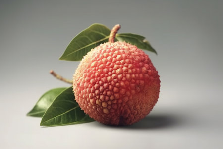 Lychee fruit with leaves on gray background. Close up.の素材