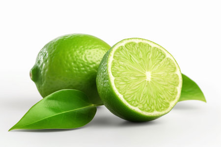 Lime with leaves isolated on white background. 3d illustration.の素材