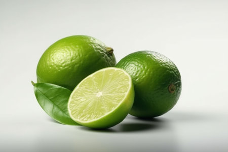 Limes with green leaves on a white background. Close-up.の素材