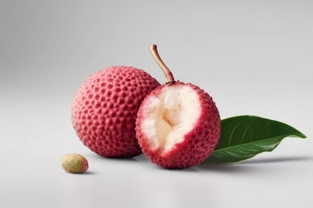 Fresh lychees with leaves on white background. Tropical fruit.の素材