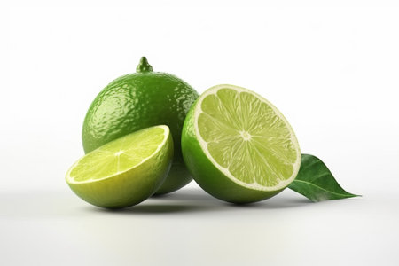 Limes with green leaves on white background. Shallow DOF.の素材