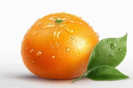 Ripe orange with green leaves and water drops on a white backgroundの素材