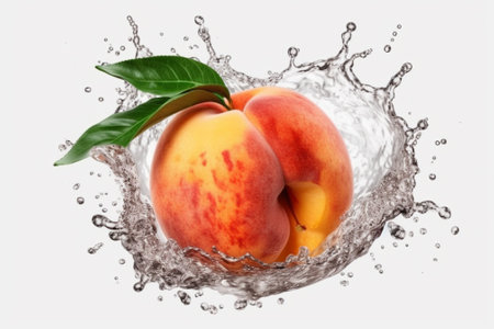 Fresh peaches in water splash on white background. 3d illustrationの素材