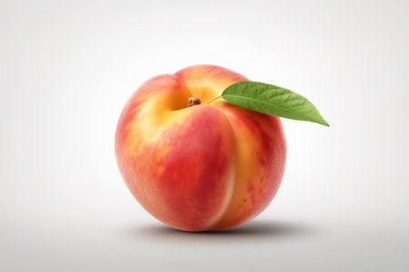 Ripe peach with leaf on a white background. Close-up.の素材