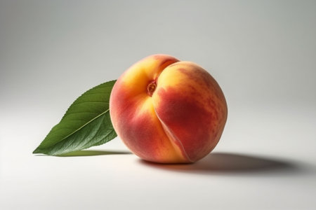 Peach with leaf on white background. Close-up image.の素材