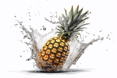 Pineapple in water splash isolated on white background. 3d illustrationの素材