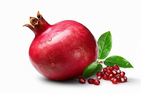 Ripe pomegranate with leaves and seeds on white backgroundの素材