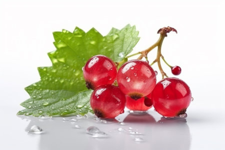 Red currant on a white background with water drops and green leafの素材