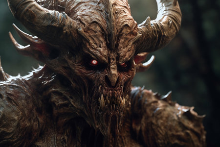 Close-up portrait of a demon with horns in the forest. Halloween concept.の素材