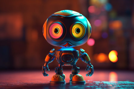 Vintage tin robot with colorful lights on background. 3d rendering.の素材