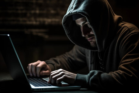 Hooded man using a laptop while sitting at a table in the darkの素材