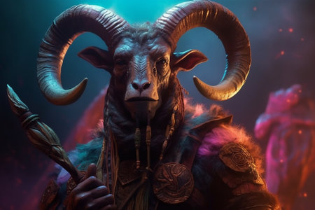 Close-up portrait of a ram with horns on a dark backgroundの素材